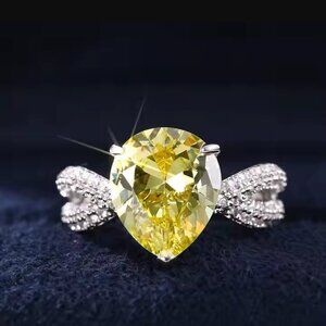 NEW 18k White Gold Citrine Diamond Ring Yellow Teardrop Pear Cut Ring